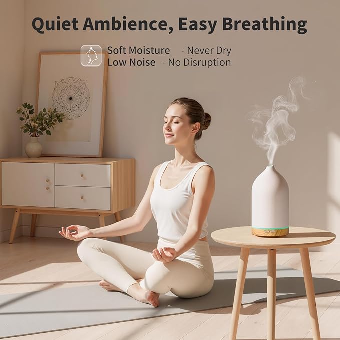 URPOWER 120ML Ceramic Essential Oil Diffuser Ultrasonic Aromatherapy Diffuser with Wood Grain Base, 7-Color LED Lights Auto Shut-Off, Humidifier for Home & Office, Air Diffuser for Relaxation - Image 6