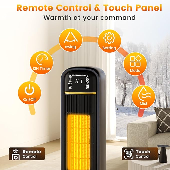 Auertech 35" Space Heater and Fan Combo, 1500W Tower Heater with Humidifier, 1.75L Water Tank, 150° Oscillating, Thermostat, 2-in-1 Electric Heater Fan for Indoor Use Large Room - Image 8