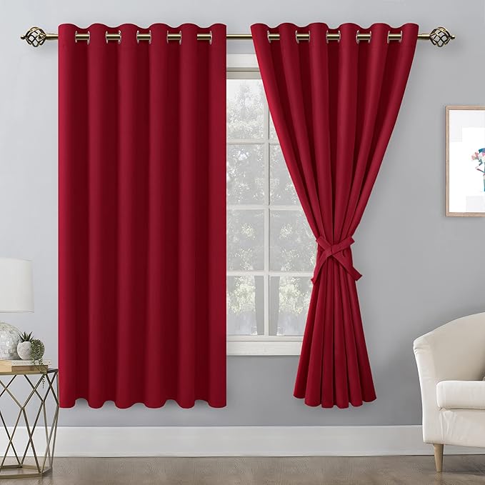 Hiasan Grommet Blackout Curtains for Bedroom, 70 x 63 Inches - Thermal Insulated & Light Blocking Window Drapes for Living Room/Dorm Room, Set of 2 Panels Sewn with Tiebacks, Christmas Red - Image 2