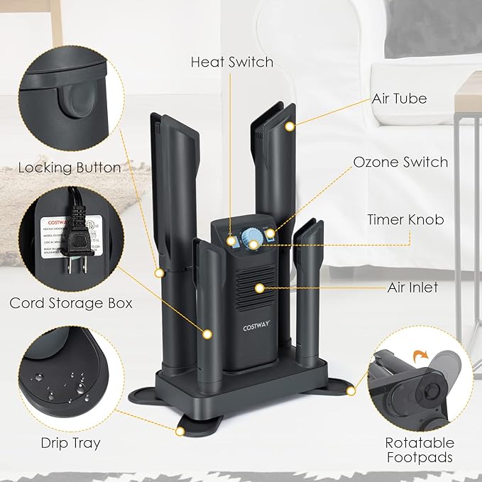COSTWAY Boot Dryer, Shoe Dryers with 180 Mins Timer & Heating Blower, Ozone Disinfection, Extendable Design, Electric Shoe and Boot Warmer for Work Boots, Ski, Glove, Hats, Grey - Image 8