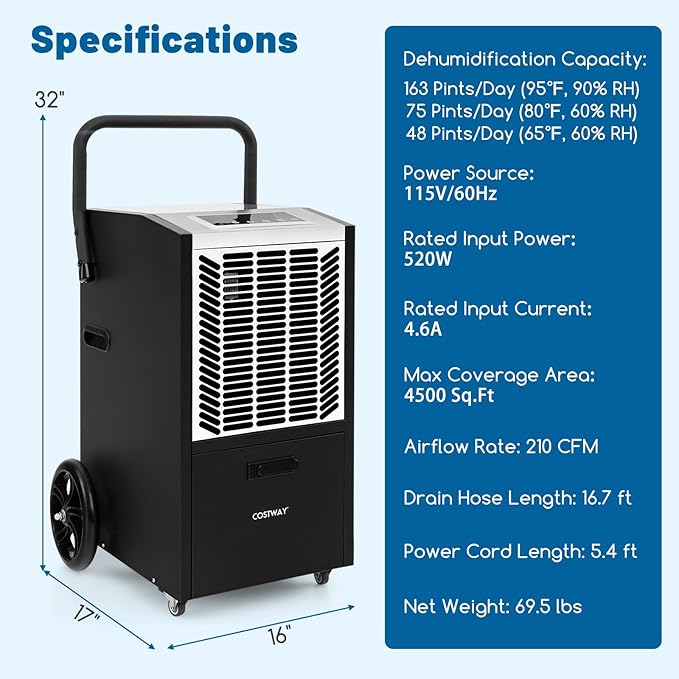 COSTWAY 163 Pints Commercial Dehumidifier, 4500 Sq.Ft Crawl Space Dehumidifier with Pump & Drain Hose, 24H Timer, for Basement, Warehouse, Job Site (White) - Image 7