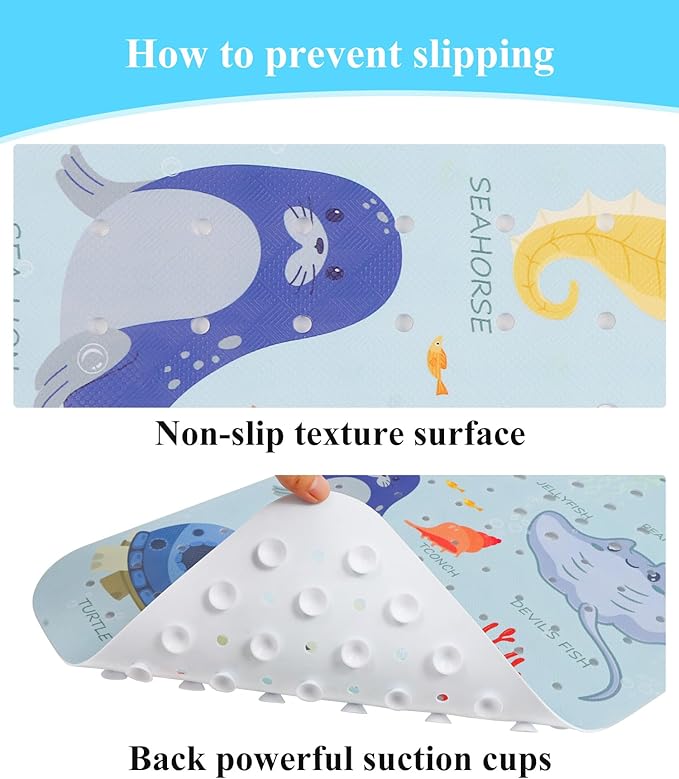 Bath Mat for Tub Non Slip, Machine Washable Anti-Slip Cartoon Baby Bathtub Shower Mat with Drain Holes and Suction Cups for Toddler & Kids, 40 Inch x 16 Inch, Blue Sea Animals - Image 5