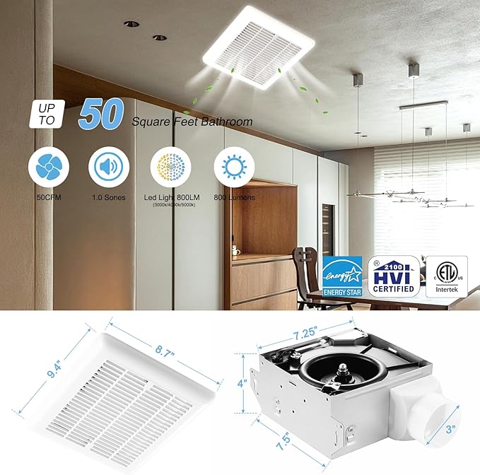 Tech Drive Bathroom Exhaust Fan with Light, 50 CFM,Super Quiet 1.0Sone Bathroom Fan with Light, 800lm 3CCT LED,3000K/4000K/5000K Selectable,Energy Star Certified, 3inch Duct, White - Image 3