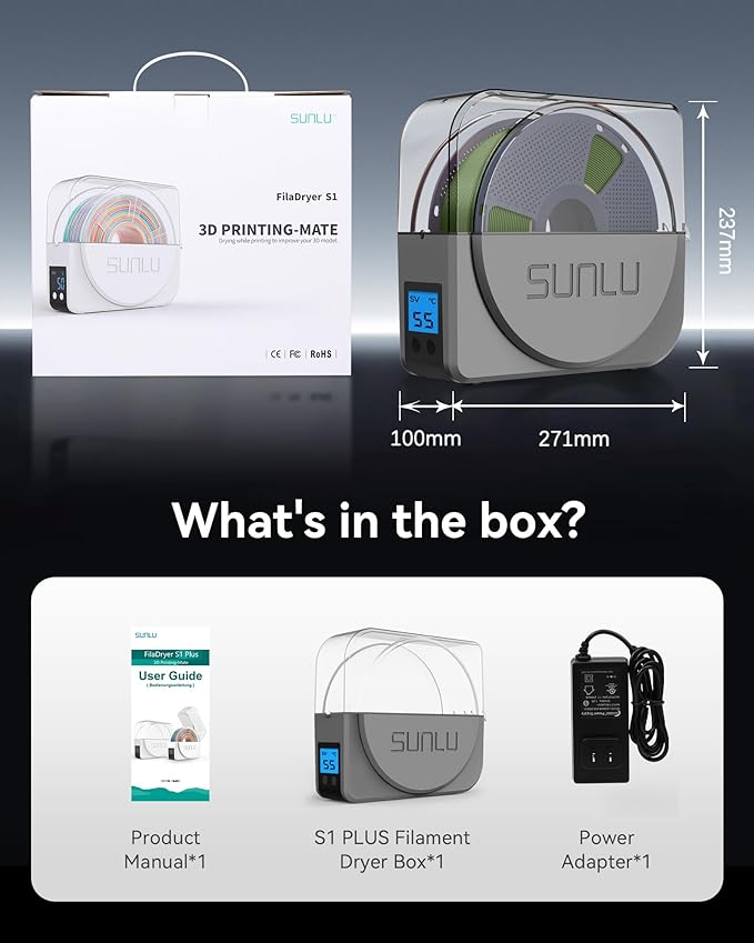 SUNLU Official Filament Dryer S1 Plus, Built-in Circulation Fan, Filament Dryer Box Storage Box for 3D Printer Filament 1.75 2.85 3.00, S1 Plus Grey - Image 9