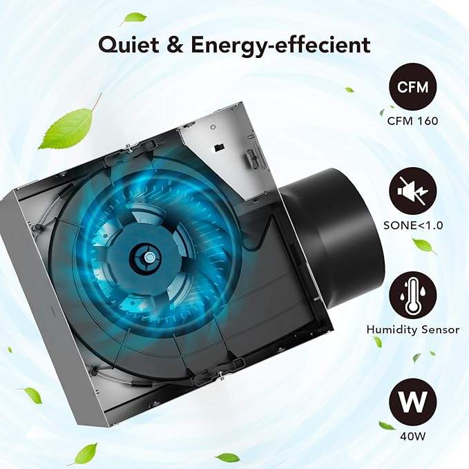 OREiN 3-in-1 Bathroom Exhaust Fan with LED Light & Humidity Sensor, 160 CFM, Auto-On at 60% Humidity, 1500LM, 3000K/4000K/5000K, Night Light, ETL & FCC Certified, Ceiling Opening Size 11.81''x11.02'' - Image 4