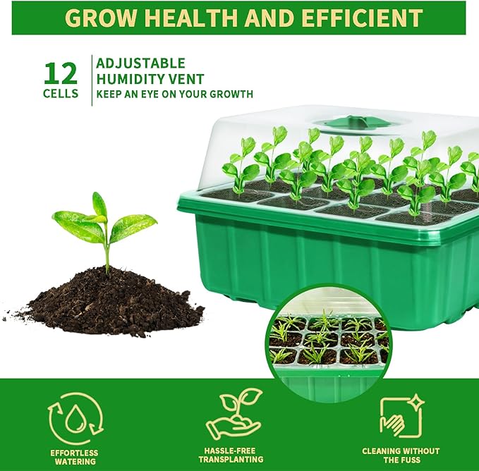 60-Cell Seed Starter Tray, 5 Pack – Cells Plant Grow Kit with Humidity-Vented Domes and Base for Organic Seed Germination, Ideal Plant Starter Kit with Labels & Transplant Tools - Image 3