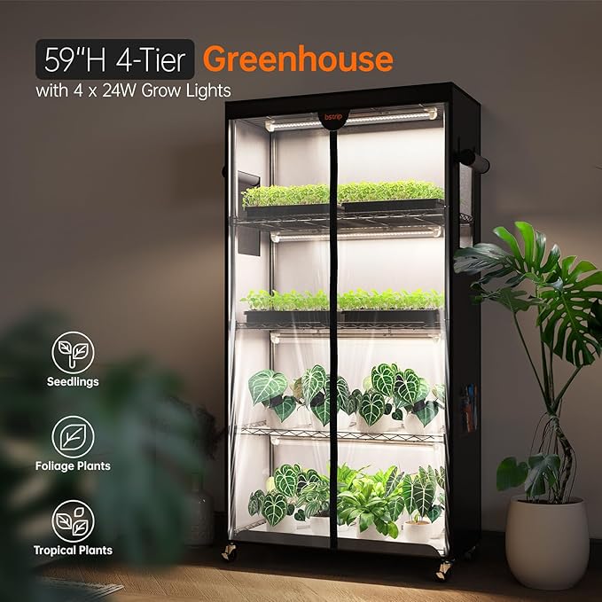Bstrip Indoor Greenhouse with Grow Light, Plant Stand with 4 Pack 24W Full Spectrum Plant Lights, Plant Shelf with Tent for Indoor Plant, Seed Starting, Seed Tray, 29.5"x13.8"x59" - Image 3