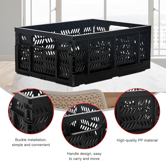 Heavy Duty Plastic Milk Crates for Storage, 4-Pack Stackable Storage Bins for Organizing, Collapsible Storage Basket with Handle for Groceries, Suitable for Home Office School Store, Black - Image 3