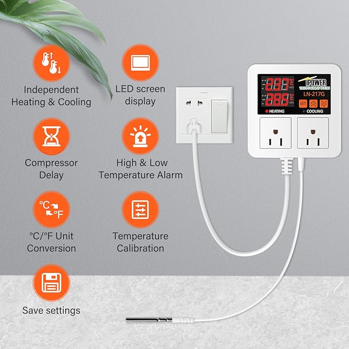 iPower Temperature Controller 1200W 10A Dual Digital Outlet Thermostat Plug, Pre-Wired, 2 Stage Heating and Cooling Mode, Fermentation BBQ Reptile Aquarium, 2 Pack - Image 3