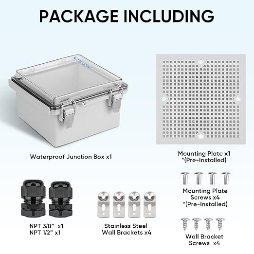 TICONN Waterproof Electrical Junction Box IP67 ABS Plastic Enclosure with Hinged Cover with Mounting Plate, Wall Brackets, Cable Glands (Clear, 5.9"x5.9"x3.5") - Image 6