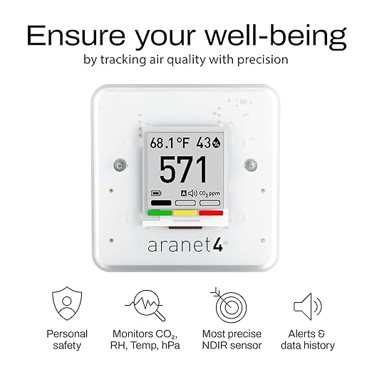 SAF Aranet4 Home: Wireless Indoor Air Quality Monitor for Office or School (CO2, Temperature, Humidity and More) Portable, Battery Powered, E-Ink Screen, App for Configuration & Data History - Image 2