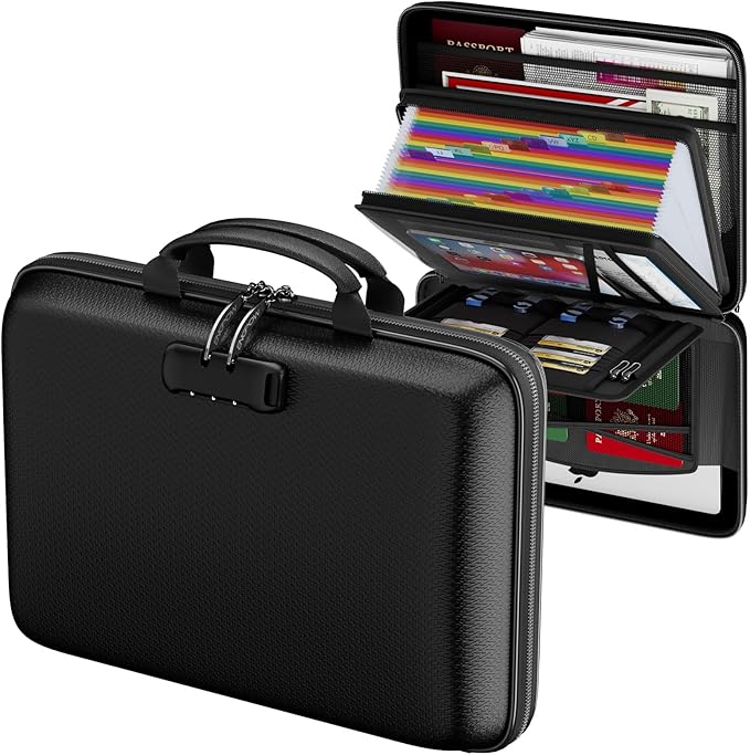 ENGPOW Fireproof Document Box with Lock, Hard Case Fire & Water Resistant File Organizer with 25-Pocket Accordion File Folder, Portable Home Office Safe Storage for Important Documents Laptop Black by ENGPOW