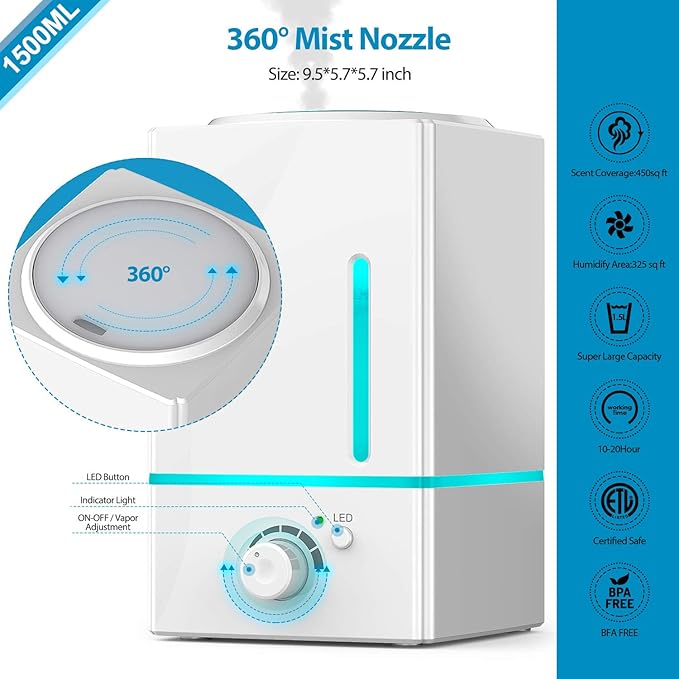 Exqline 1500ml Large Aroma Essential Oil Diffuser - Aromatherapy Humidifier for Large Room (White) - Image 4