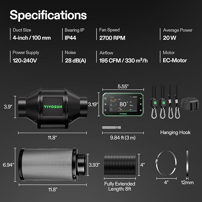 VIVOSUN Smart Air Filtration PRO G4 Kit 4", AeroZesh G4 Inline Duct Fan w/GrowHub E42A+ Temp. Humidity WiFi-Controller, Carbon Filter & Ducting, Cooling & Ventilation System for Grow Tent, Hydroponics - Image 9