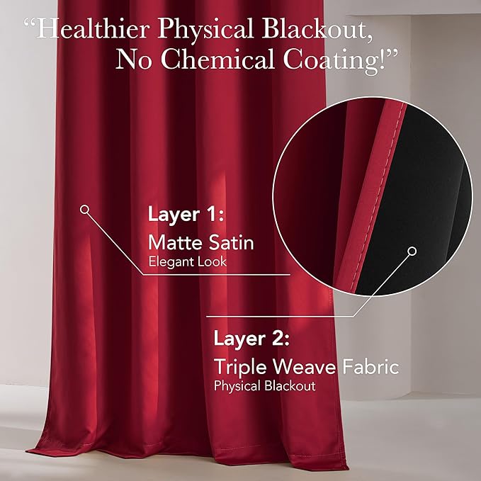 NICETOWN Thermal Insulated 100% Blackout Drape, Christmas Red, 1 PC, 100" x 84", Noise Reducing Performance Slider Faux Silk Curtain Panel with Black Lining, Full Light Blocking Patio Door Drapery - Image 3