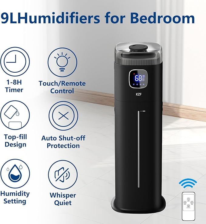 KZF Large Humidifier for Bedroom, 9L/2.5Gallon Ultrasonic Cool Mist Humidifier with Humidistat, 360°Nozzle, 350ML/H Big Mist Level, Suitable for Kids Room Livingroom Yoga Office Plant - Image 5