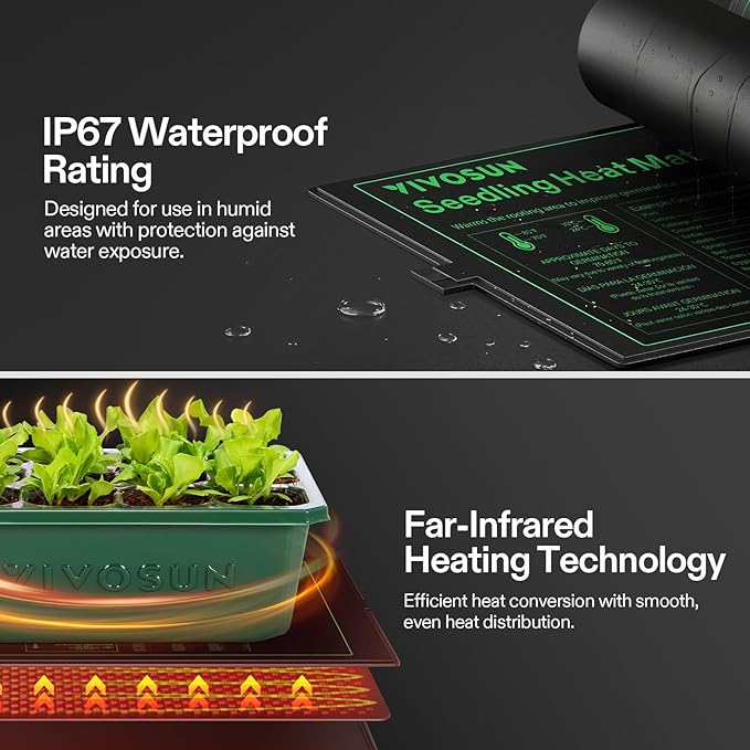 VIVOSUN 6-Pack Seed Starter Trays with 10"x20.75" Seedling Heat Mat, Self-Adjusting Dual Digital Display Temperature Controller, 72-Cell Seed Starter Kit with Humidity Dome, Reusable Propagation Trays - Image 8