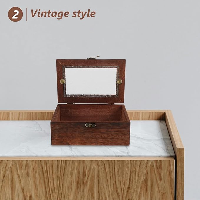 Wooden Jewelry Box with Glass Lid, Small Rustic Jewelry Display Case Storage Organizer for Home, Trinket Chest Box with Dustproof Cover for Rings, Bracelets, Makeup Accessories - Image 5