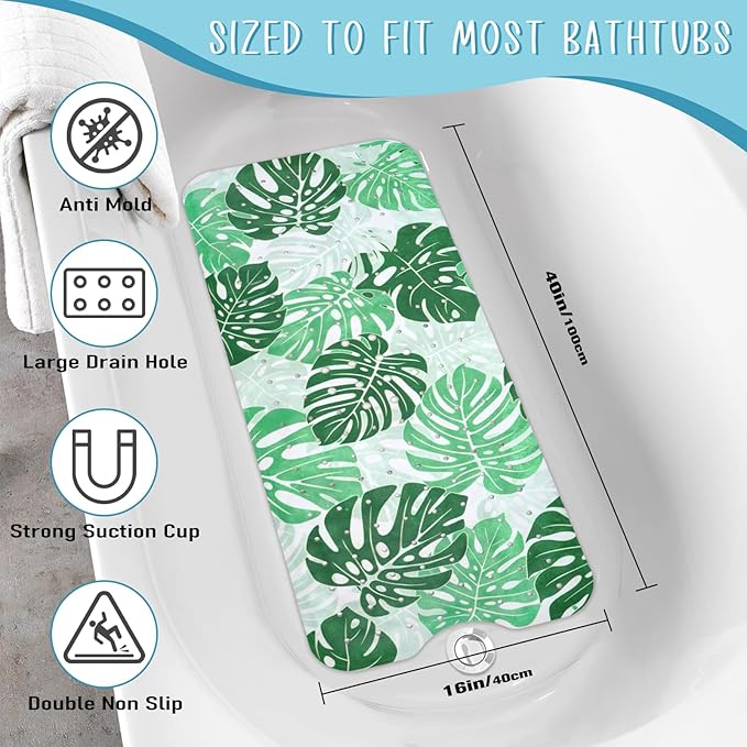 Tropical Leaves Bathtub Mat Non Slip, Boho Bath Tub Mat Baby Bath Mats for Bathroom Anti Slip Shower Mats for Inside Shower, Green Plants Bathmat with Suction and Drain Holes Machine Washable, 40″x16″ - Image 2