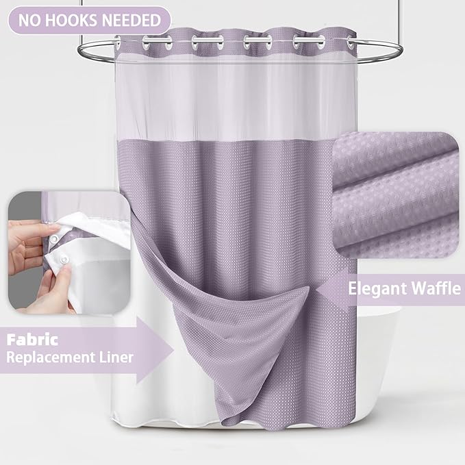 No Hook Shower Curtain and Liner Set,Lavender Hotel Waffle Shower Curtain with Liner 75" L x 72" W - Image 3