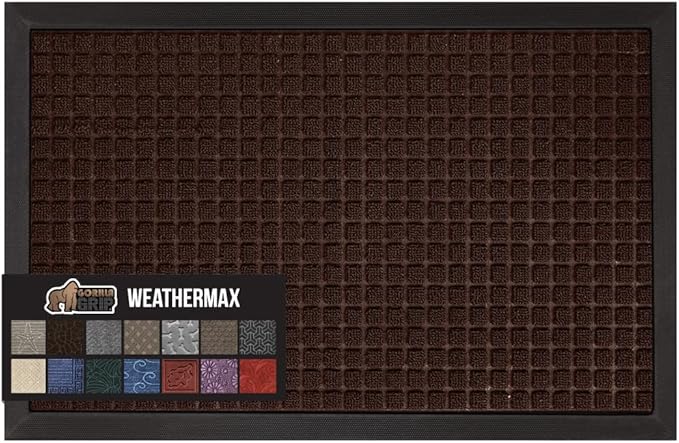 GORILLA GRIP 100% Waterproof All-Season WeatherMax Doormat, 60x24, US Designed Natural Rubber, Stain and Fade Resistant, Low Profile Indoor Outdoor Door Mats, Easy Clean Patio Mat, Coffee Squares by GorillaGrip