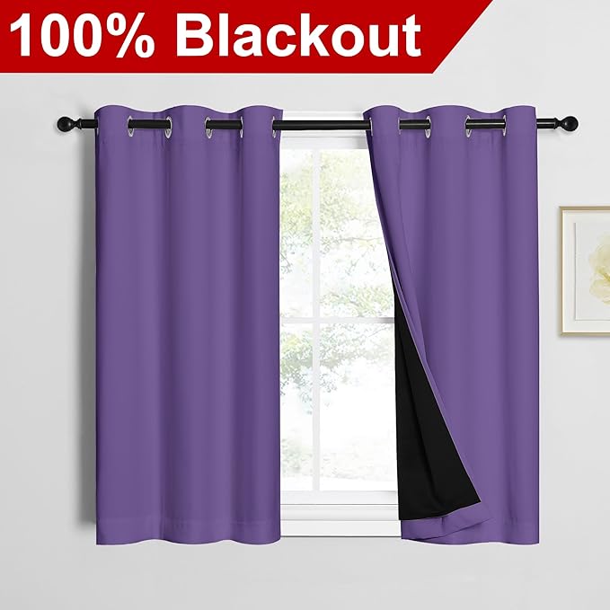 NICETOWN 100% Blackout Short Curtains with Black Liners, 2 Panels, 37"W by 40"L, Lilac Purple, Solid Thermal Insulated Full Blackout 2-Layer Lined Drapes, Energy Efficiency Window Drapes for Bedroom - Image 2