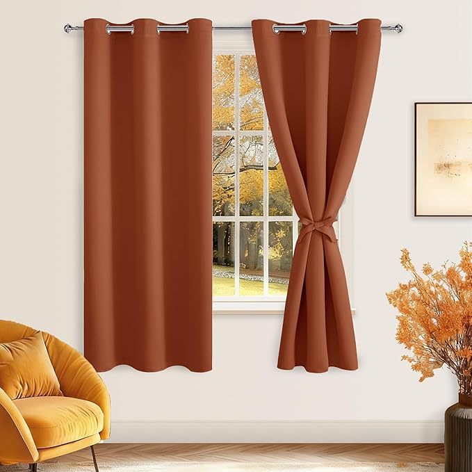 Hiasan Fall Blackout Curtains for Bedroom, 42 x 72 Inches Long - Thermal Insulated & Light Blocking Window Curtains for Living Room Home Decor, 2 Drape Panels Sewn with Tiebacks, Burnt Ochre - Image 2