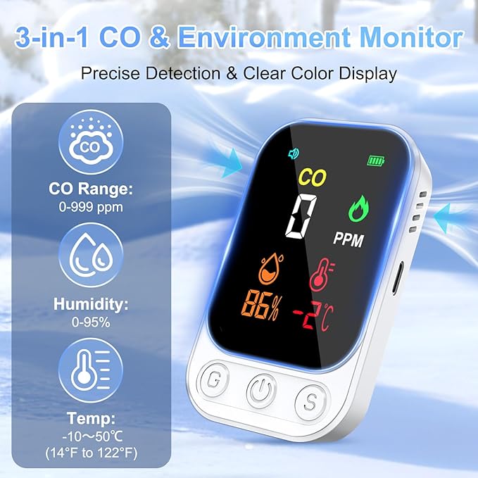 Portable Carbon Monoxide Detectors, 3-in-1 CO Detector – Mini CO, Temp & Humidity Sensor with 85 dB Alarm, Fold-Out Kickstand & Lanyard, Ultra-Low-Power Plug-Free Safety for Home, RV, Camp or Hotel - Image 2