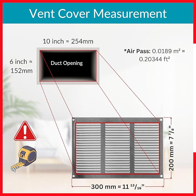 10x6 Vent Cover (Duct Opening) - HVAC Return Air Grille for Wall and Ceiling - Stainless Steel AC Vent Cover with Mesh - Rectangular Ventilation Register - Overall Size: 11.81" W x 7.87" H - Image 5