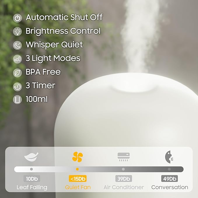 Essential Oil Diffuser Hand Blown Glass, 100ml Small Aromatherapy Diffuser, Auto Shut-Off Function, Ultrasonic Diffusers for Essential Oils, Cool Mist Humidifier with Warm White Lights（White） - Image 2