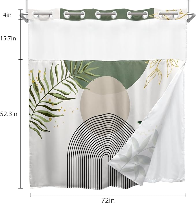 Sage Green Boho No Hooks Shower Curtain with Snap in Liner 72Wx72H Modern Mid Century Abstract Gold Leaves Minimalist Geometric Bathroom Decor Neutral Aesthetic Bath Curtain Fabric Polyester - Image 6