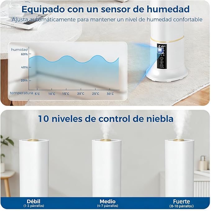 Humidifier Large Room,2.4Gal Cool Mist Humidifiers for Bedroom 9L High Capacity 24dB Quiet Air Humificador fit Removable Water Tank 360° Adjustable, Top Fill & Easy Clean with Remote Control - Image 6