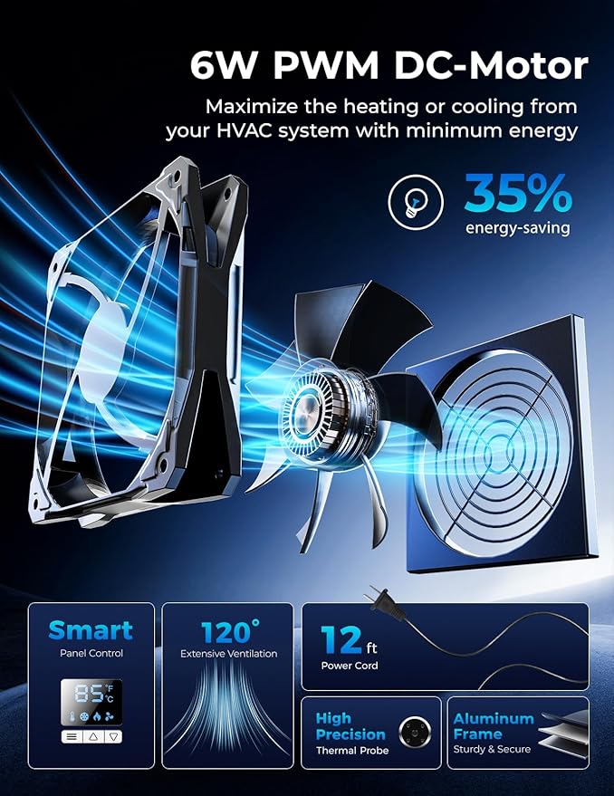 Register Booster Fan, Fits 4” x 10” 140CFM with Remote Control, Smart Vent Fan Booster with Adjustable 10-Speed Control, Quiet Heating Cooling with Thermostat Control for Wall, Floor - Image 5