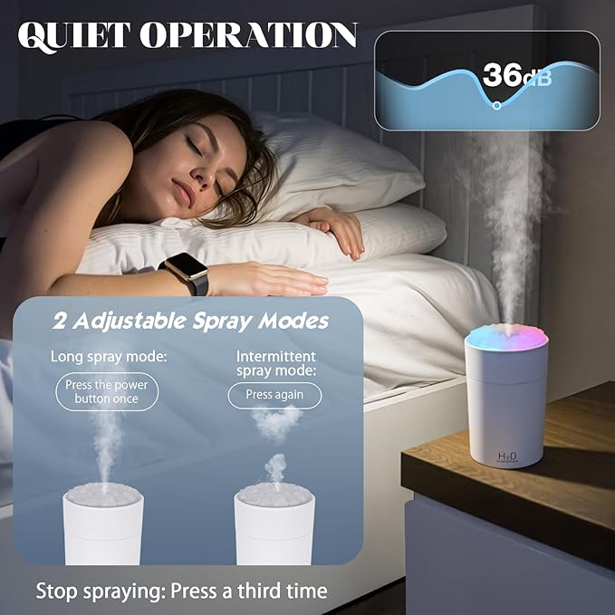 Portable Mist Humidifier Auto Shut-Off USB Powered 220ml Small Desktop Humidifiers with Colorful Light 2 Cool Spray Modes for Bedroom Office Car White - Image 4