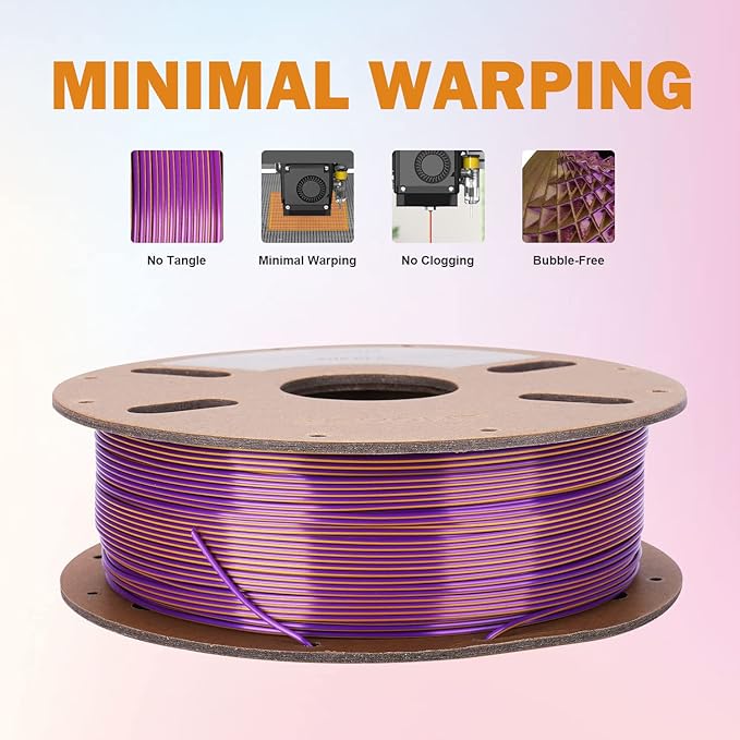 ERYONE Silk Dual Color PLA Filament 3D Printer 1.75mm +/- 0.03mm, Bicolor Filament Two Tone PLA 1KG(2.2lbs) Cardboard Spool, Gold Purple - Image 3