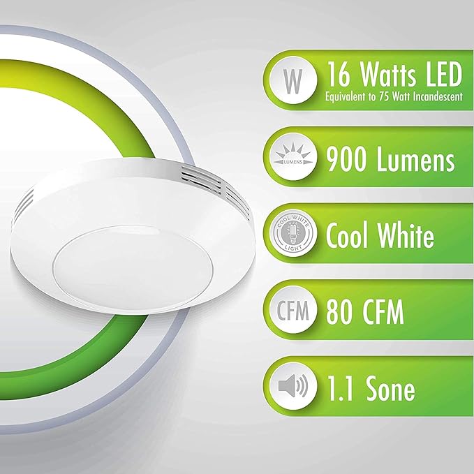 Homewerks 7117-01-WH Bathroom Integrated LED Light Ceiling Mount Exhaust Ventilation 1.1 Sones 80 CFM, Bath Fan White - Image 8