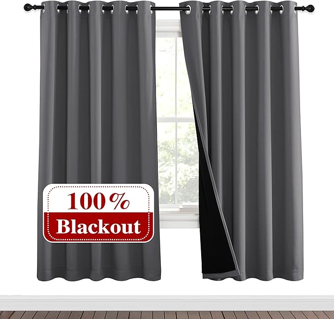 NICETOWN Grey Full Shade Curtain Panels, Pair of Energy Smart & Noise Blocking Out Blackout Drapes for Dining Room Window, Thermal Insulated Guest Room Lined Window Dressing(Gray, 62 x 72 inch) by NICETOWN