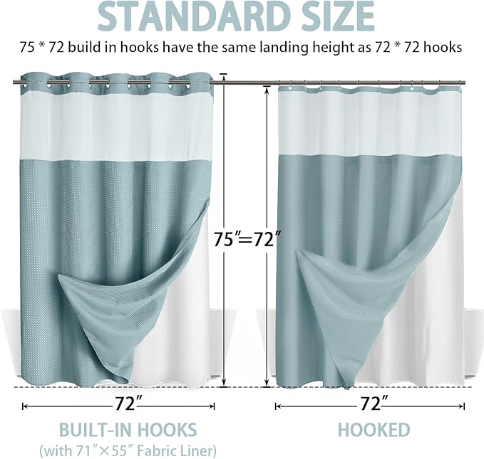 No Hook Shower Curtain and Liner Set,Cyan Hotel Waffle Shower Curtain with Liner 75" L x 72" W - Image 6