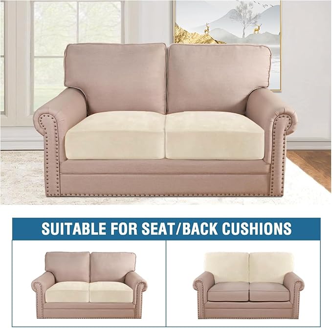 H.VERSAILTEX Velvet Stretch Couch Cushion Cover Plush Cushion Slipcover for Chair Loveseat Sofa Cushion Furniture Protector Seat Cushion Sofa Cover (2 Piece Medium Sofa Cushion Covers, Cream) - Image 3