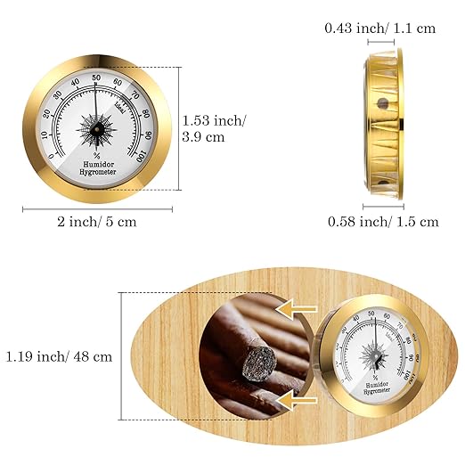 Frienda 2 Pcs Hydrometer 2 Inch Humidity Meter Cigar Humidor Hygrometers Round Cigar Hygrometer for Humidor Cabinet Cans(Gold) - Image 2