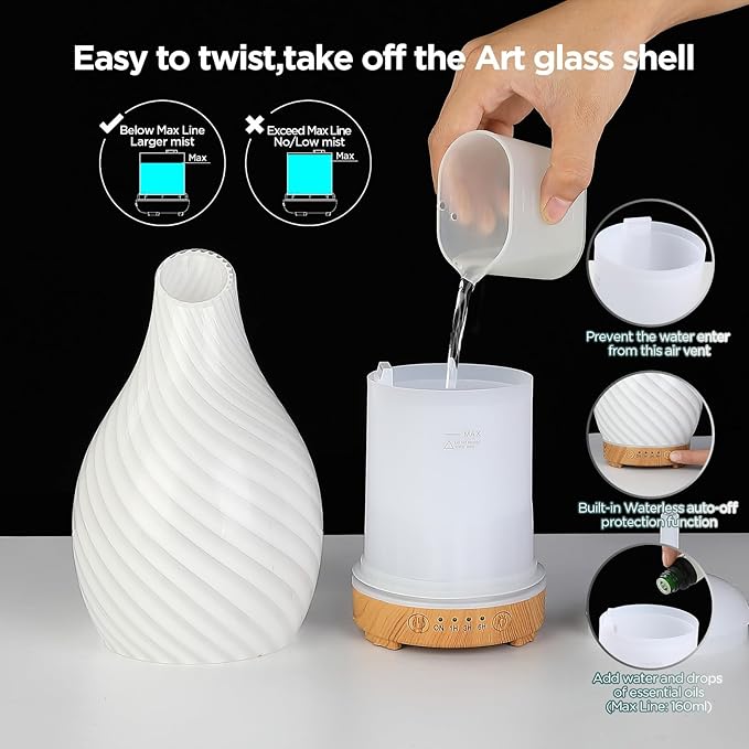 Art Glass Essential Oil Diffuser - 160ml Ultrasonic Cool Mist Scent Aroma Aromatherapy Diffuser, Intermittent with Auto Shut-Off Timer Setting &7 Colors Night Light for Home -Ethereal Time - Image 5