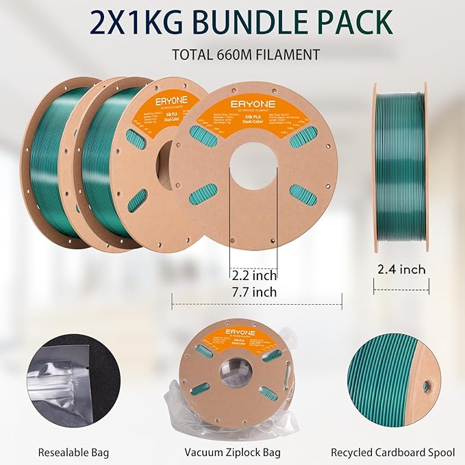 ERYONE Silk Dual Color PLA Filament 3D Printer 1.75mm +/- 0.03mm, Bicolor Filament Two Tone PLA Bundle 2KG Cardboard Spool, Black Green - Image 6