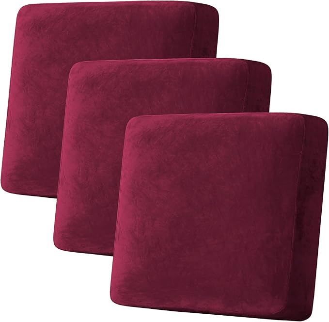 H.VERSAILTEX Velvet Stretch Couch Cushion Cover Plush Cushion Slipcover for Chair Loveseat Sofa Cushion Furniture Protector Seat Cushion Sofa Cover (3 Piece XL Sofa Cushion Covers, Burgundy) by HVERSAILTEX