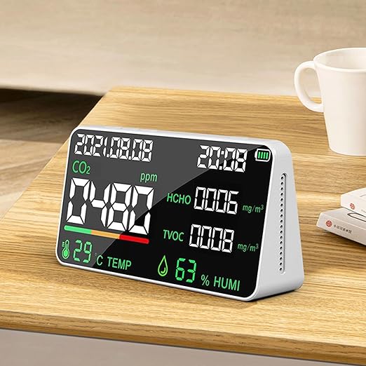 7-in-1 Indoor Air Quality Monitor,Desktop CO2/TVOC/HCHO Detector with Temperature,Humidity,Time & Date Display,High Accuracy,Ideal for Wildfire Monotoring,Home,Office,and School Use - Image 8