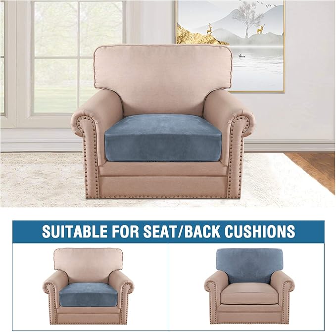H.VERSAILTEX Velvet Stretch Couch Cushion Cover Plush Cushion Slipcover for Chair Cushion Furniture Protector Seat Cushion Sofa Cover (1 Piece Armchair Cushion Covers, Stone Blue) - Image 3