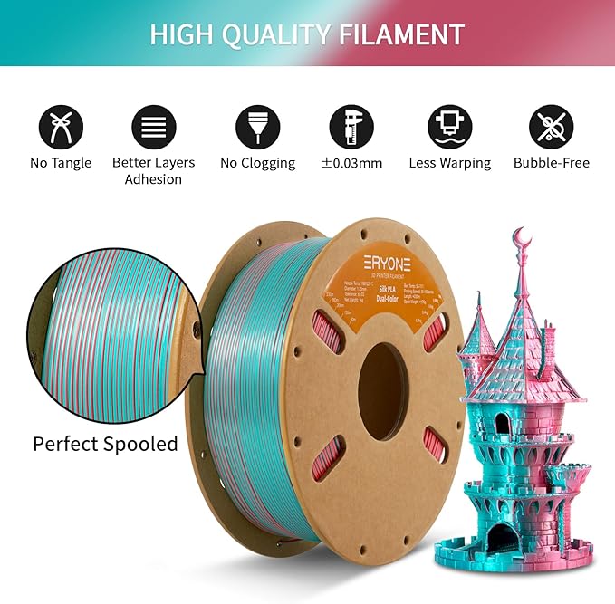 ERYONE Silk Dual Color PLA Filament 3D Printer 1.75mm +/- 0.03mm, Bicolor Filament Two Tone PLA 1KG(2.2lbs) Cardboard Spool, Teal&Orange Red - Image 5