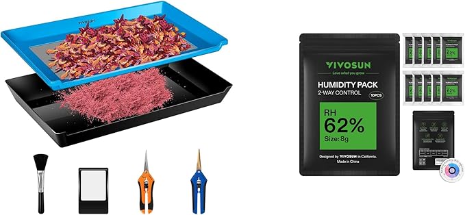 VIVOSUN Heavy Duty 2-in-1 Trimming Tray and 62% RH Two-Way Humidity Control Packs, Size 8 g, 10 Packs, Each for Storing 1 oz, Moisture Balancer with RH Indicator Card for Food Storage by VIVOSUN