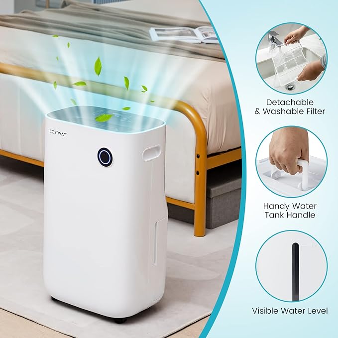COSTWAY 73 Pint Dehumidifier for Basement, 4500 Sq. Ft Home Dehumidifier with 5 Modes, 3-Color Indicator Light, 1.7 Gallon Water Tank - Image 8