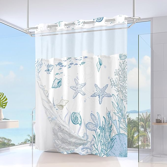Long No Hook Shower Curtain with Snap in Liner, Beach Ocean Nautical Coastal Shower Curtains and Liner Set for Bathroom, Seashell Fabric Bath Curtain, Waterproof Washable, Blue 71" x 77" - Image 2
