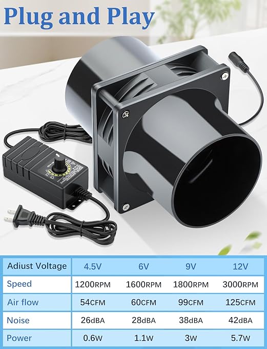 Wathai 120mm x 38mm 4 Inch Small Exhaust Fan 12V Duct Fan with Speed Control, Fume Extractor for Paint Booth, Soldering, Laser Engraving, Greenhouse Ventilation - Image 3
